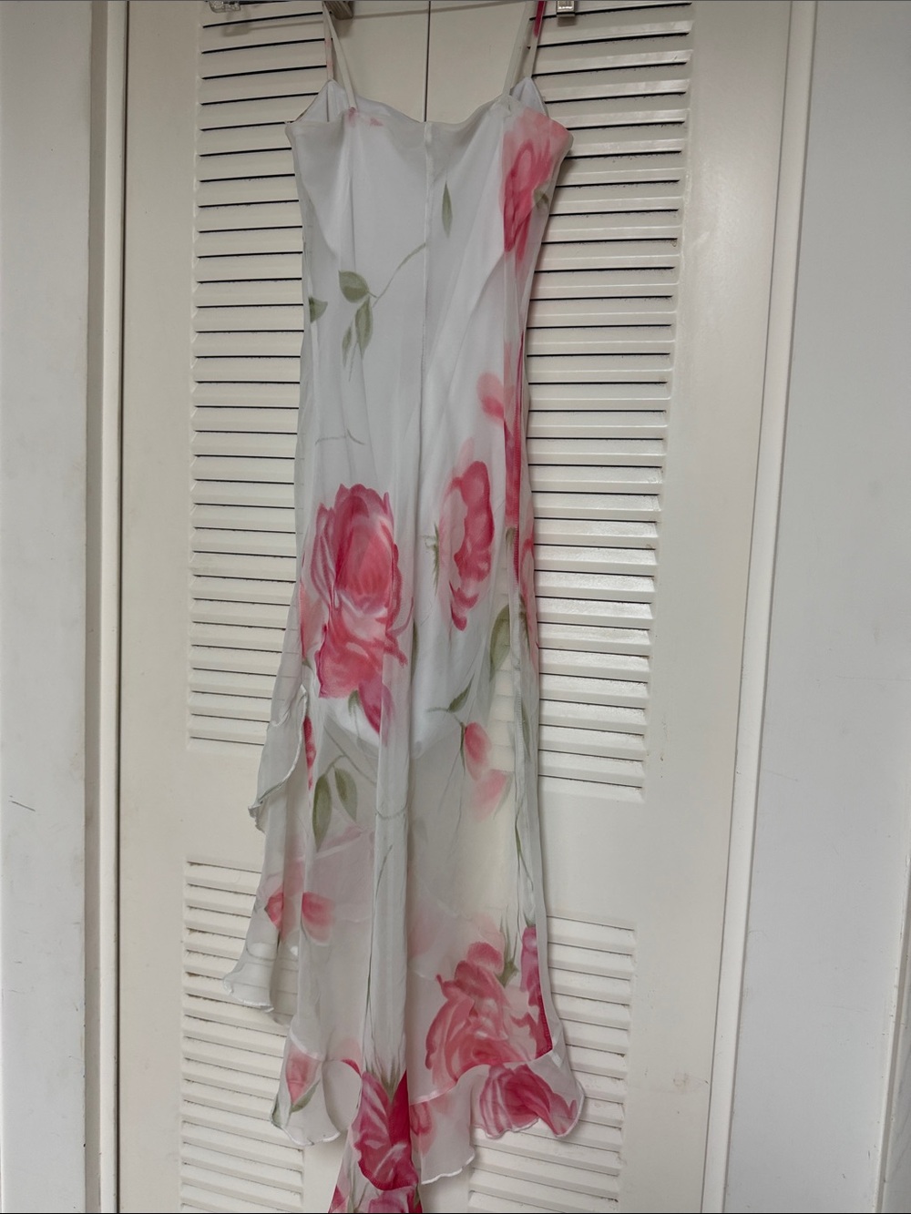 White Slip Dress with Pink Rose Print and Asymmetrical Hem - Picture 3 of 3